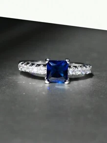 1pc Shiny Fashionable Square Cubic Zirconia Ring, Women's Wedding Engagement Promise Eternal Ring, Anniversary Ring, Birthstone Ring, Daily Ring