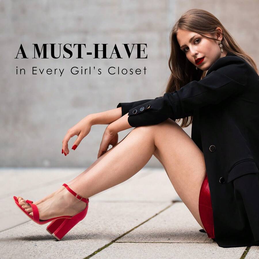 4 Inches Tall Women Open Toe Ankle Strap High Heel Sandals Party Wedding Strappy Buckle Sandals - 紅色絨面革 - 查看 1