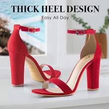 4 Inches Tall Women Open Toe Ankle Strap High Heel Sandals Party Wedding Strappy Buckle Sandals - 紅色絨面革 - 查看 5