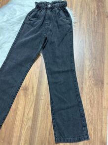 Calça Jeans Calça wide leg  Cintura elástica Feminina Calça PantalonaTecido Algodão Premium - Chumbo - Visão 2