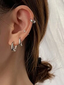 4對歐美時尚銅色開口圓形有光澤耳環，附有鑲嵌水晶杯形耳釘，女性日常佩戴的耳飾套裝 - 銀色 - 查看 1