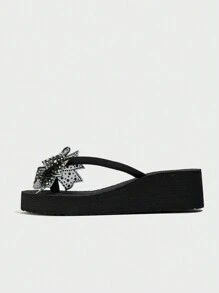 Fashionable Women Rhinestone Bow Knot Black Slides, Slip-On Casual Thick-Soled Beach Sandals, New Style Anti-Slip Wedge Heel Summer Slippers - Black - View 5