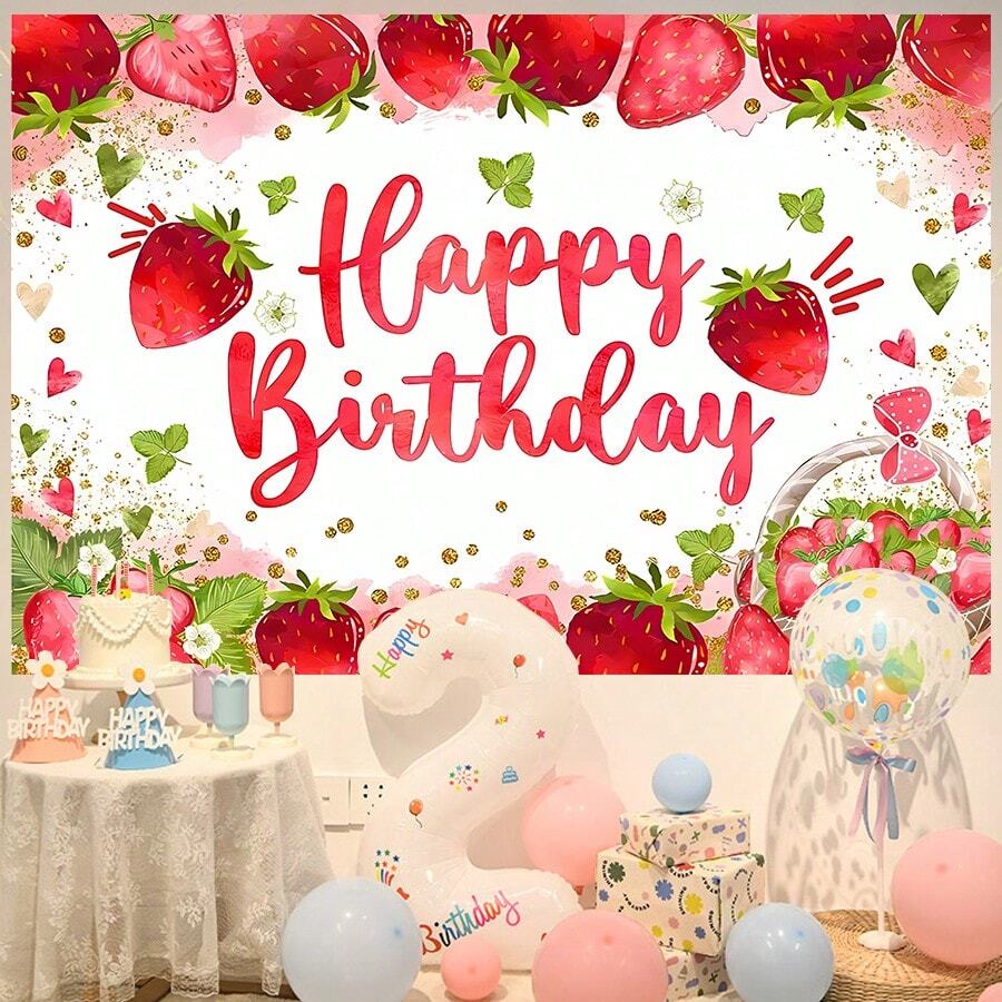 1PC, Strawberry Theme Background, Polyester Material, Rectangle Shape, Various Sizes, Birthday, Party Background, Perfect Party Decoration, Photography Suitable For All Seasons,Christmas - Red - View 1