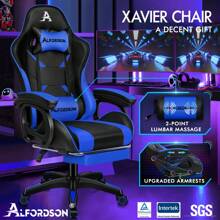 ALFORDSON Silla Gaming, Asiento Gaming con Soporte Lumbar de Masaje, Sillón Giratorio Ergonómico con Reposacabezas, Altura Regulable, PU, Negro - Azul - Ver 2