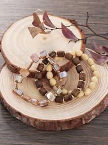 BOCAR 3pcs/Set Natural Beaded Wooden Bracelet Set, Suitable For Beach & Vacation - Brown - View 4