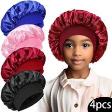 Awegeo 4入組兒童實色寬邊彈性絲綢緞面時尚睡眠帽，休閒柔軟舒適透氣日常頭戴帽 - 彩色 - 查看 1