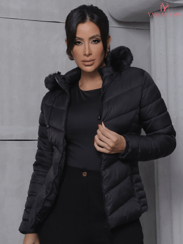Jaqueta Puffer Feminina Nylon Forrada com Pelúcia com Capuz de Pelúcia Removível