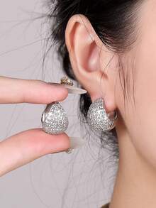 2pcs Vintage French Style Minimalist Rhinestone Encrusted Water Drop Hoop Earrings - Earrings - View 6