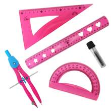 Lecute Juego de Geometria Geometrico Compas Metalico Regla Flexible Escuadra Transportador Escolar Oficina - Rosa - Ver 2