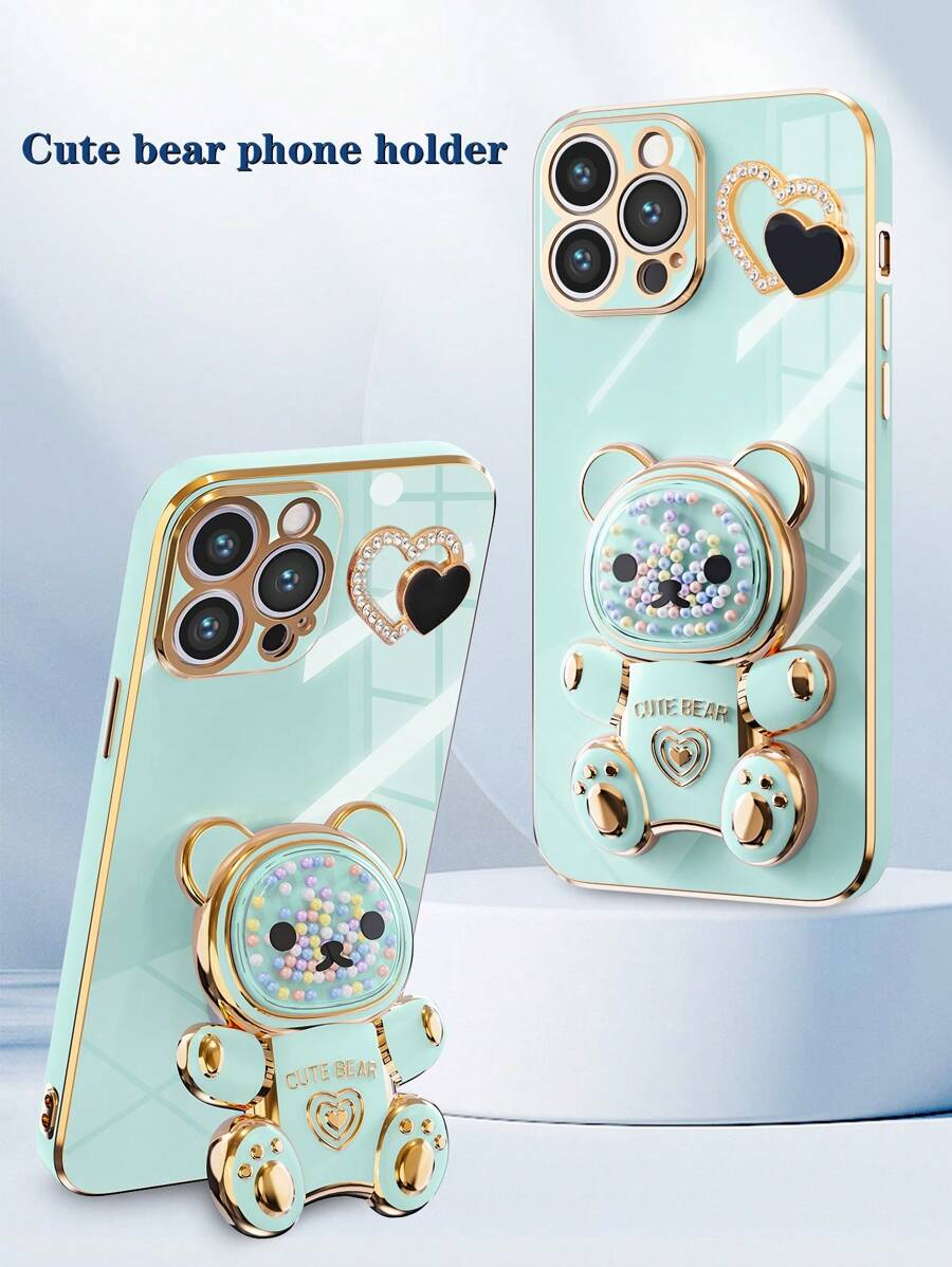 Electroplating Rainbow Bear DIY Heart Phone Case, New Plating Technique Shockproof Phone Case + Electroplating Hidden Bracket + Complete Set Of Phone Cases, Compatible With Apple 11/12/13/14/15ProMax, Samsung S22/23/24+UA04/A05/A14/A15/A24/A25/A34/A54S, Xiaomi, OPPO, VIVO, Redmi 13c - Green - View 1