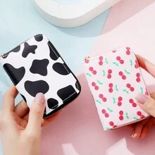 1入組可愛卡片夾女士小巧多卡位大容量拉鍊卡片夾PU皮幣包適用於女孩和女士 - 黑與白 - 查看 9