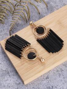 圓圈裝飾木頭流蘇耳墜 - 咖啡棕 - 查看 6