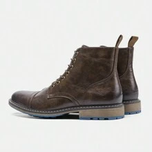 Men's Vintage Work Boots, Round Toe, Thick Heel, Dual-Color Upper, Rubber Outsole AL633, Beige With Stitching - Brown - View 8