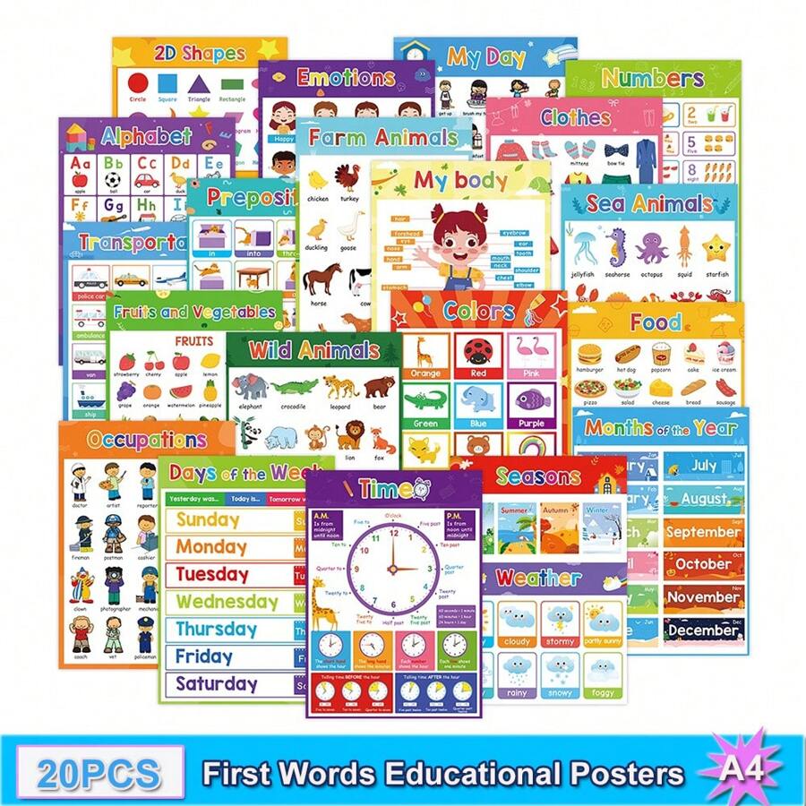 20 Pieces First Words Toddlers Educational Preschool Poster Sight Words Vocabulary Building Charts Learning Materials For Kids Kindergarten,Nursery,Homeschool,Playroom Wall Decor Classroom Supplies Teaching Tool,Set Of ABC Alphabets,Numbers,Fruits &Vegetable,Colors,Shapes,Emotions,Animal,Preposiions,Transportation,Season&Weather,Fruits & Vegetable And More,A4 Size Cognitive Activities Flash Cards,8.26 X 11.26inches,Back To School GiftsSchool,Student,Stationery,School Supplies,Classroom Supplies Teaching,Playroom Decor,Toddler School