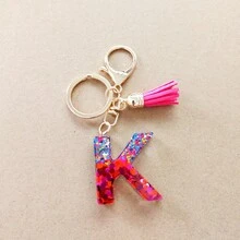 1pc New Two-Tone Mix Color Pink English Letter Keychain Pendant With Sequins, Drop Glue Tassel, Keyring And Bag Accessory - Hot Pink - View 6