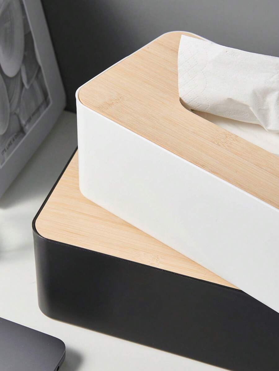 1pc Bamboo Wood Tissue Box, Plastic Simple Draw Paper Box, Storage Draw