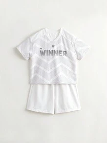 MARC&JANIE Young Boy 2-Piece Set Of Light And Sports Letter & Line Elastic V-Neck Short Sleeve T-Shirt And Shorts For Summer