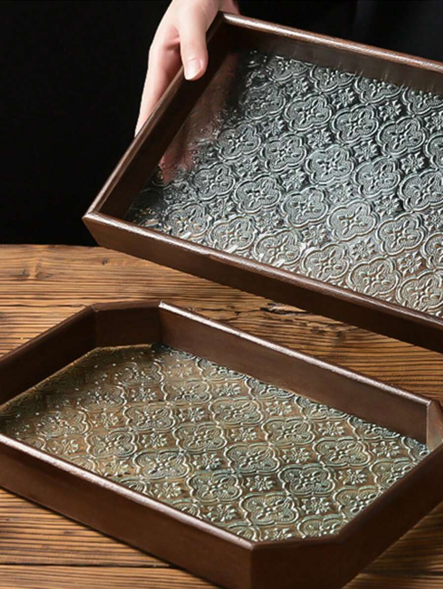 One Magnolia Pressed Glass Tray, Walnut Color Rectangular Tea Tray For