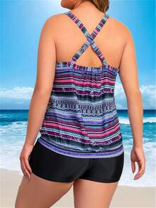 大码女式几何条纹交叉后背比基尼套装（含下装）夏季 - 黑色 - 查看 2