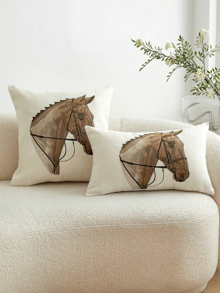 1pc Horse Embroidery Decorative Throw Pillow Cover, Suitable For All Seasons Home Decor - Multicolor - View 1