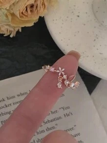 Nooxian 1入女式玫瑰金色花形開口戒指(附立方氧化鋯石)