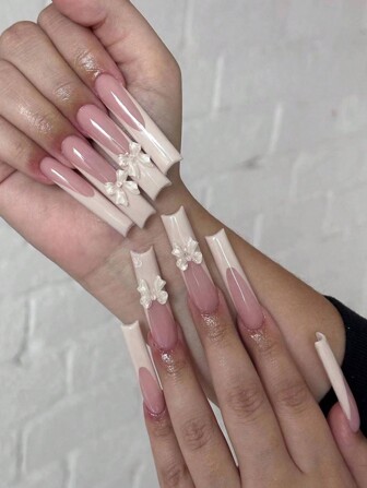 24pcs Long Square False Nails Sweet White French Style Nail Art With Transparent Bowknot Ballet Girl Nail Long Tube Nails + Jelly Glue + Nail File Press On Nails Nail Supplies