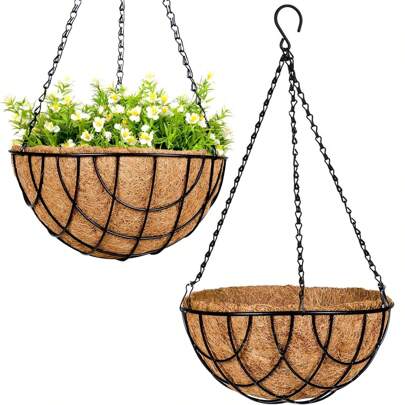 Hanging Plant Basket Flower Holder (S,M,L)-Metal Wire Round Hanging Basket Planter With Coco Fiber Liners For Plants Flower Pots Indoor Outdoor Garden Porch And Balcony Decor