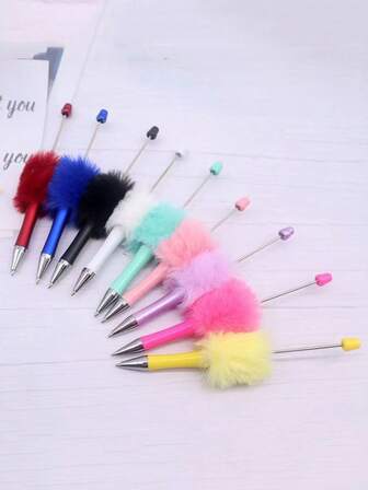1pc Creative DIY Plush Beaded Pen With Colorful Plush Decoration Handmade Ballpoint Pen
