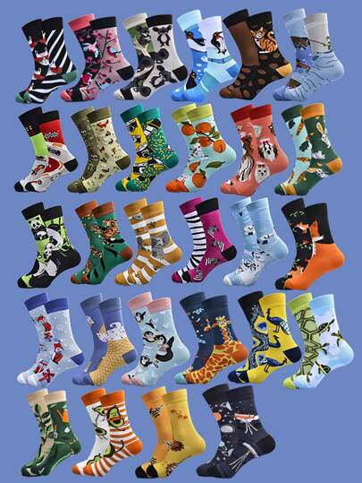 10 Pairs Of Random Unisex Novelty Pattern Warm AB Couple Mid-Calf Socks, Fall