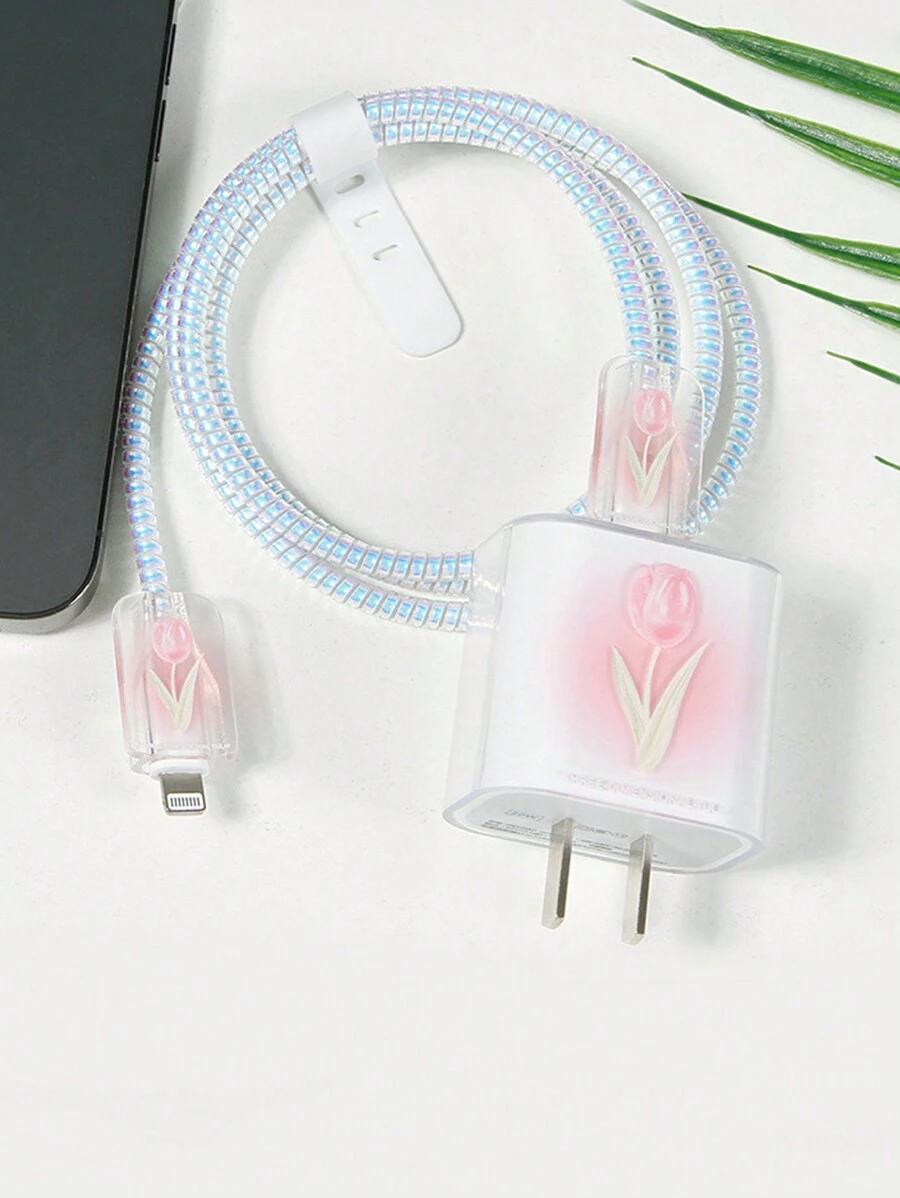 5pcs Flower Pattern Data Cable Protector & Charging Head Cover - Multicolor - View 1