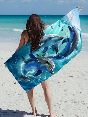1pc Oceanic Animal Dolphin Pattern Beach Towel, Ultra-Fine Fiber Rectangle Printed Beach Shawl Beach Mat Bathroom Towel Summer Travel, Vacation Holiday Bathroom Decor Beach Essentials