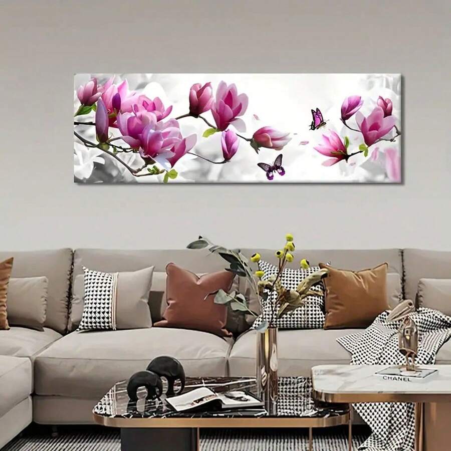 1張粉色花卉帆布牆藝裝飾，木蘭花和蝴蝶圖像，大尺寸，適用於客廳臥室女士房間裝飾，無框 - 彩色 - 查看 1
