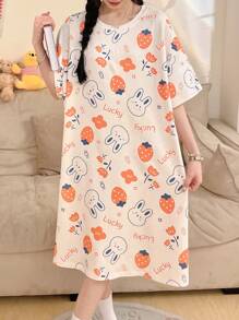 Women's Round Neck Cartoon Strawberry And Rabbit Printed Home Dressing Gown
