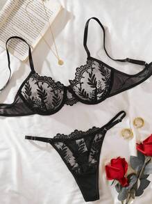 2pcs Sexy Lingerie Set, Sheer Mesh Embroidery Bra And Panty, Intimate Apparel For Christmas & Valentine's Day - Black - View 6