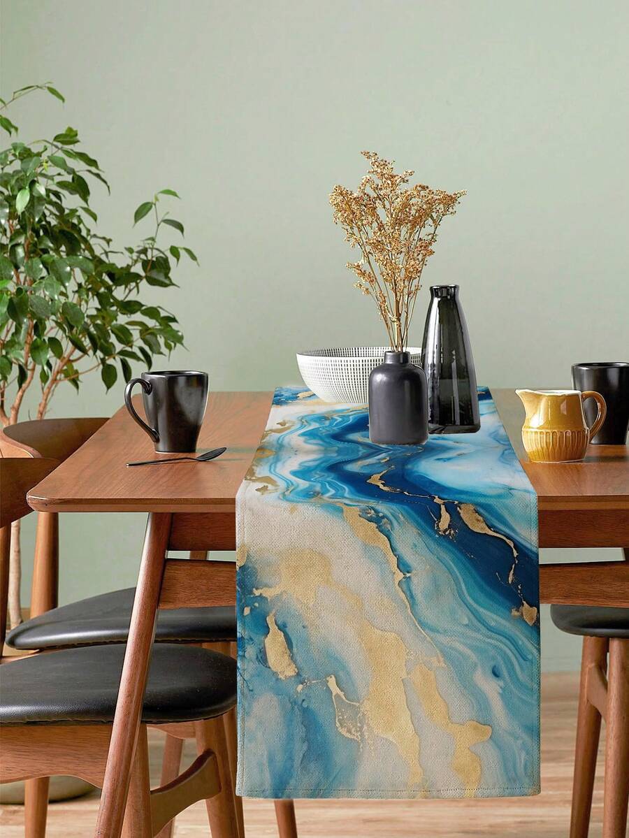 1pc Geometric Pattern Table Runner, Marble & Moroccan Mandala Pattern Polyester Bohemian Style Table Decor Cloth Suitable For Kitchen, Dining Room, Holiday & Picnic Decoration, All Seasons - Marble 5 - View 1