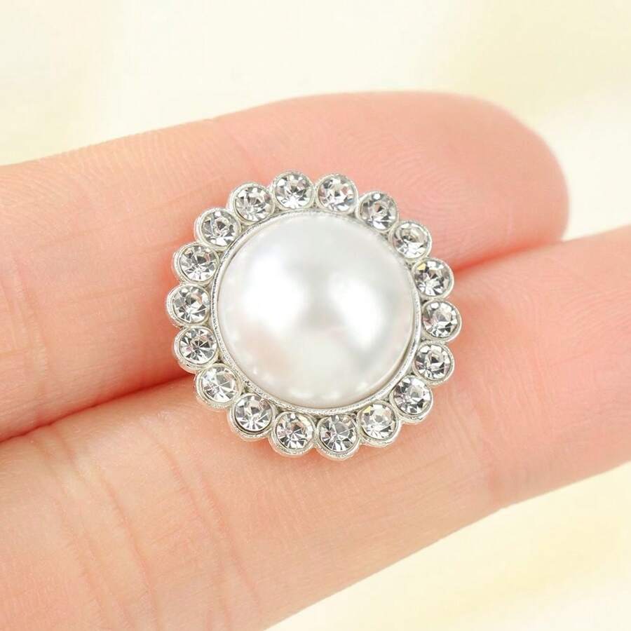 10Pcs Alloy Shiny Rhinestone Pearl Clothing Buttons DIY Clothing Sewing Button Needlework Handmade Accessories - Silver - View 1