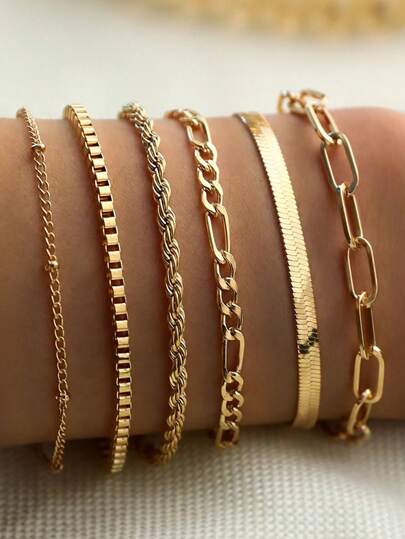 6入組歐美風格幾何多元素鏈式手鍊，復古簡約手飾珠寶