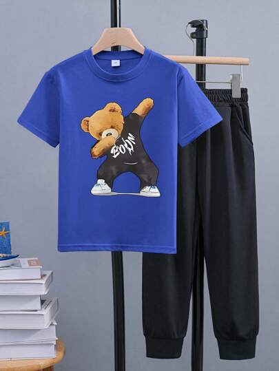 Conjunto de pantalones cortos de verano 2024 con estampado de oso lindo y camiseta de manga corta y pantalón de color sólido para niños en edad intermedia