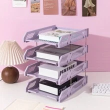 2 Sets Of Four-Layer Plastic File Racks, Office Desk Supplies Document Folder Storage Boxes, Horizontal Data Rack, Desktop Storage Multi-Layer File Rack, File Frame Sub Shelves, File Classification And Management. - Black - View 3