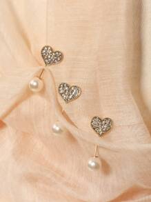 3pcs Women Faux Pearl Heart-Shaped, Bee-Shaped & Round Rhinestone Brooch Pins Set For Scarf, Shawl Or Hat Decoration, Perfect For Dating & Gifting - Multicolor - View 5