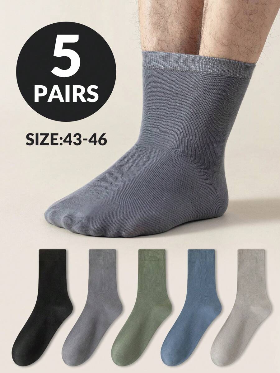5 pares de calcetines de media pierna de unicolor para hombres para primavera y otoño, diseño sencillo y talla grande y de moda y versátil y estilo informal y de negocios y cómodo con absorción de humedad y transpirable para el verano - Multicolor - Ver 1