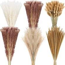 250pcs 17-Inch Brown & White Dried Fluffy Pampas Grass Decor For Boho Home, Wedding Decoration - Multicolor - View 1