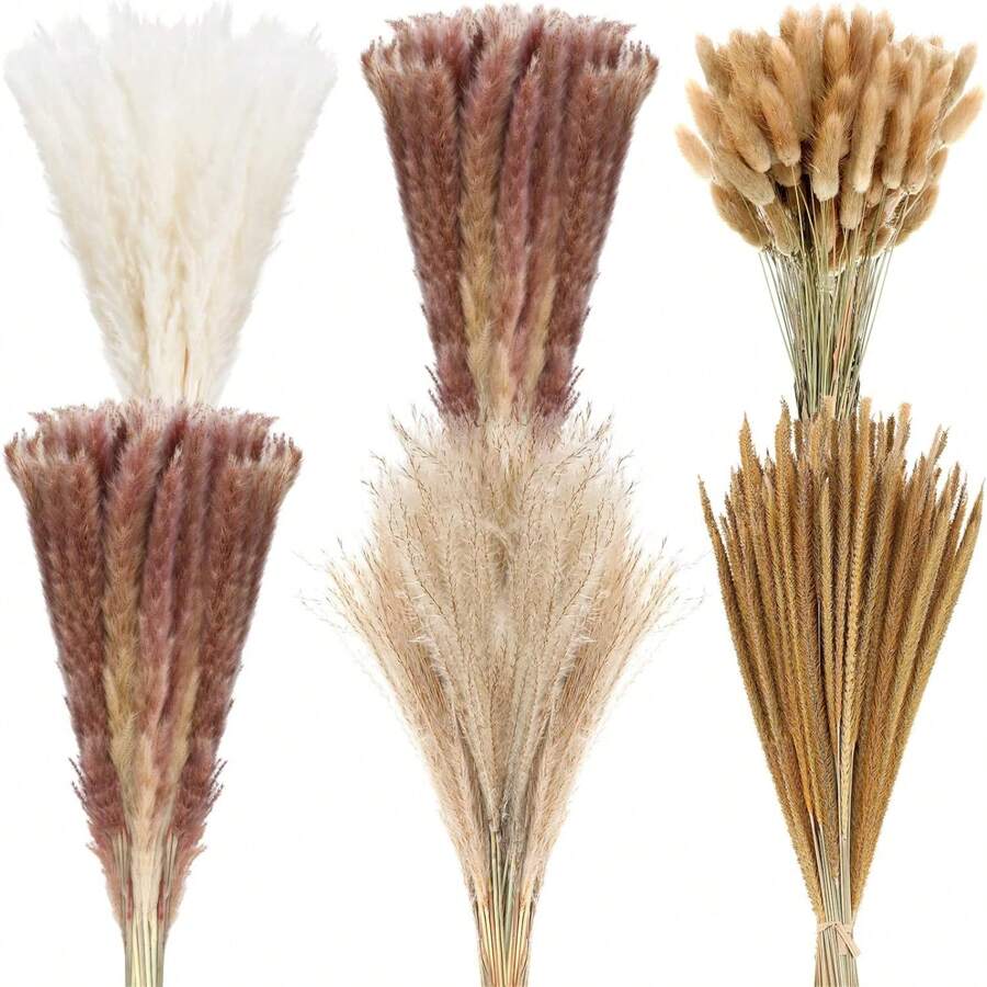 250pcs 17-Inch Brown & White Dried Fluffy Pampas Grass Decor For Boho Home, Wedding Decoration - Multicolor - View 1