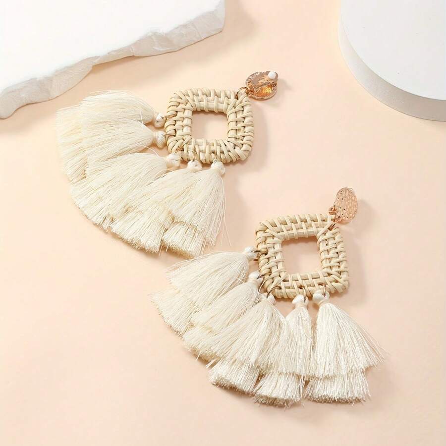 Yanxyad Bohemian Rattan Lättvikts Tofs Örhängen Klämmor för ingen öronpiercing - Multifärgad - Visa 1