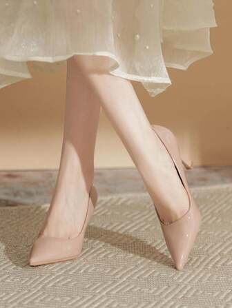 Nude Color Versatile High Heels, Sexy Patent Leather Pumps With Pointed Toe And Slim Heel, 2024 Spring New Elegant Shoes For Office Lady