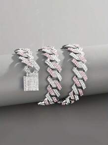 CVNANA Men's Rhinestone Chain Necklace - Silver/Pink/Blue Lab-Grown Diamond Miami Style Necklace With Box Clasp - Hip Hop Jewelry