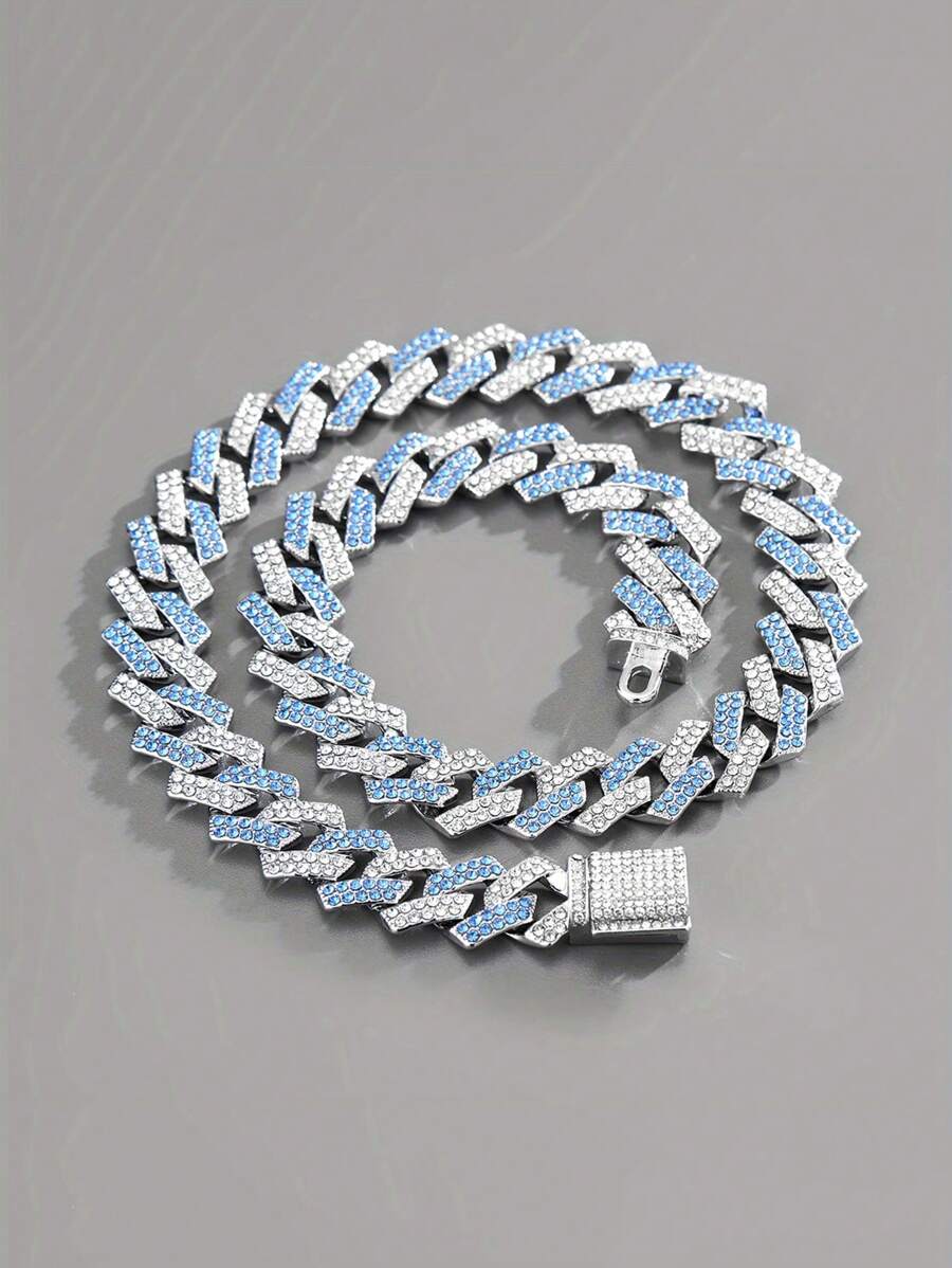 CVNANA Men's Rhinestone Chain Necklace - Silver/Pink/Blue Lab-Grown Diamond Miami Style Necklace With Box Clasp - Hip Hop Jewelry