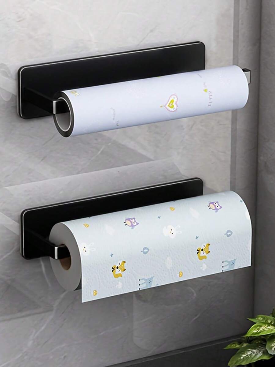 1pc Kitchen Wall-Mounted Storage Shelf & Paper Towel Holder Without Punching - Black - View 1