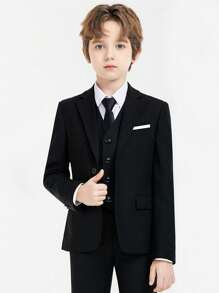 Traje para niños de 4 piezas, conjunto de traje de tuxedo para niños pequeños, atuendo de pajecito para bodas, que incluye blazer, pantalones, camisa y corbata, traje formal para niños de talla 4 a 14 años, color negro