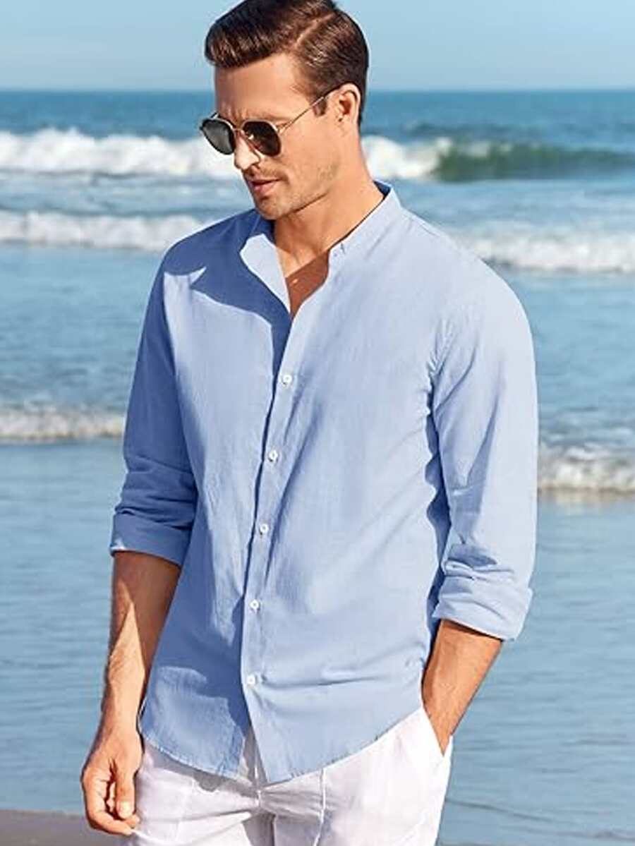 Men's Casual Long Sleeve Slim Fit Shirt, Fashion Basic Chinese Collar Linen Shirt, Earth Tones - 淺藍色 - 查看 1